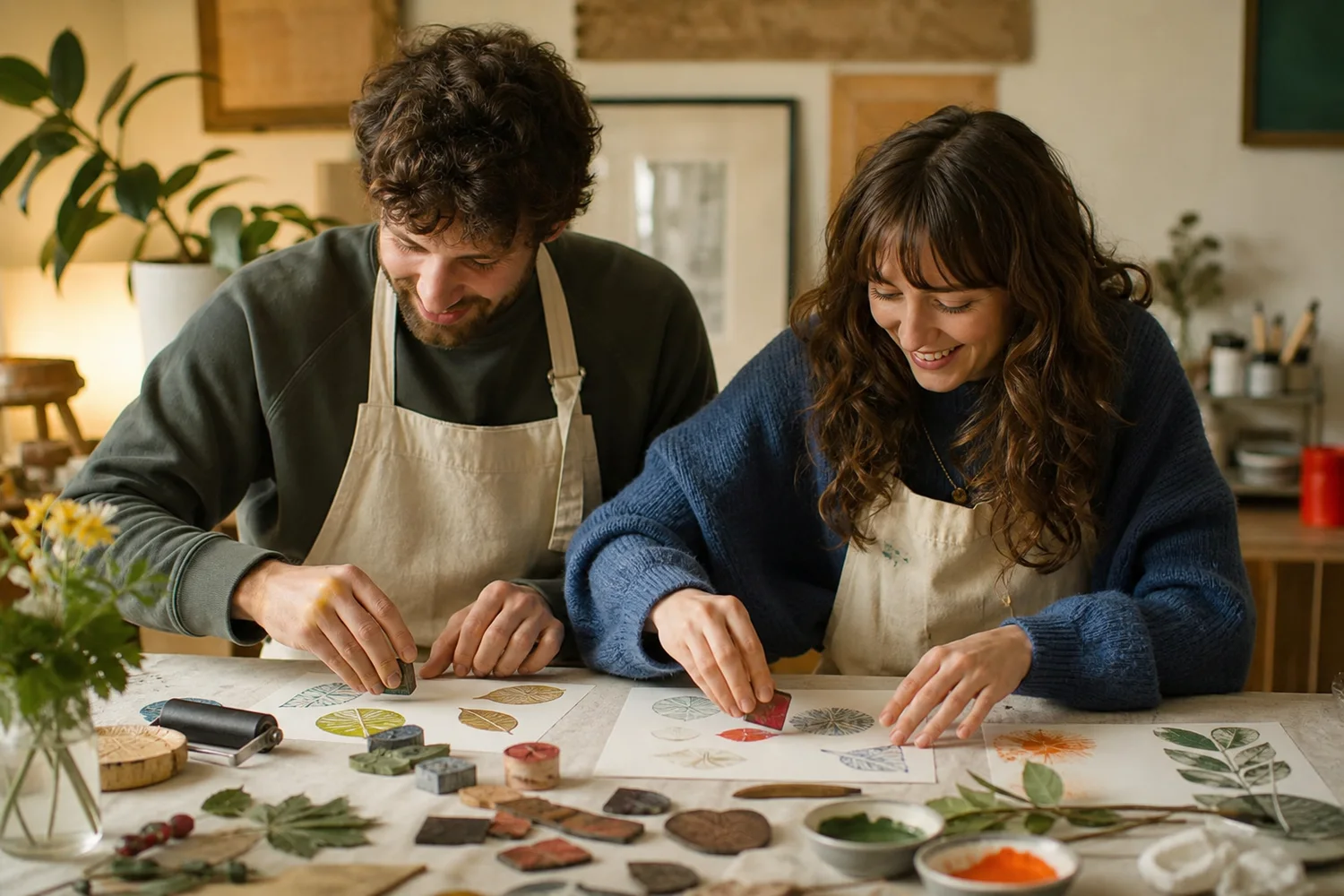 Printmaking With Found Shapes date-night setting.
