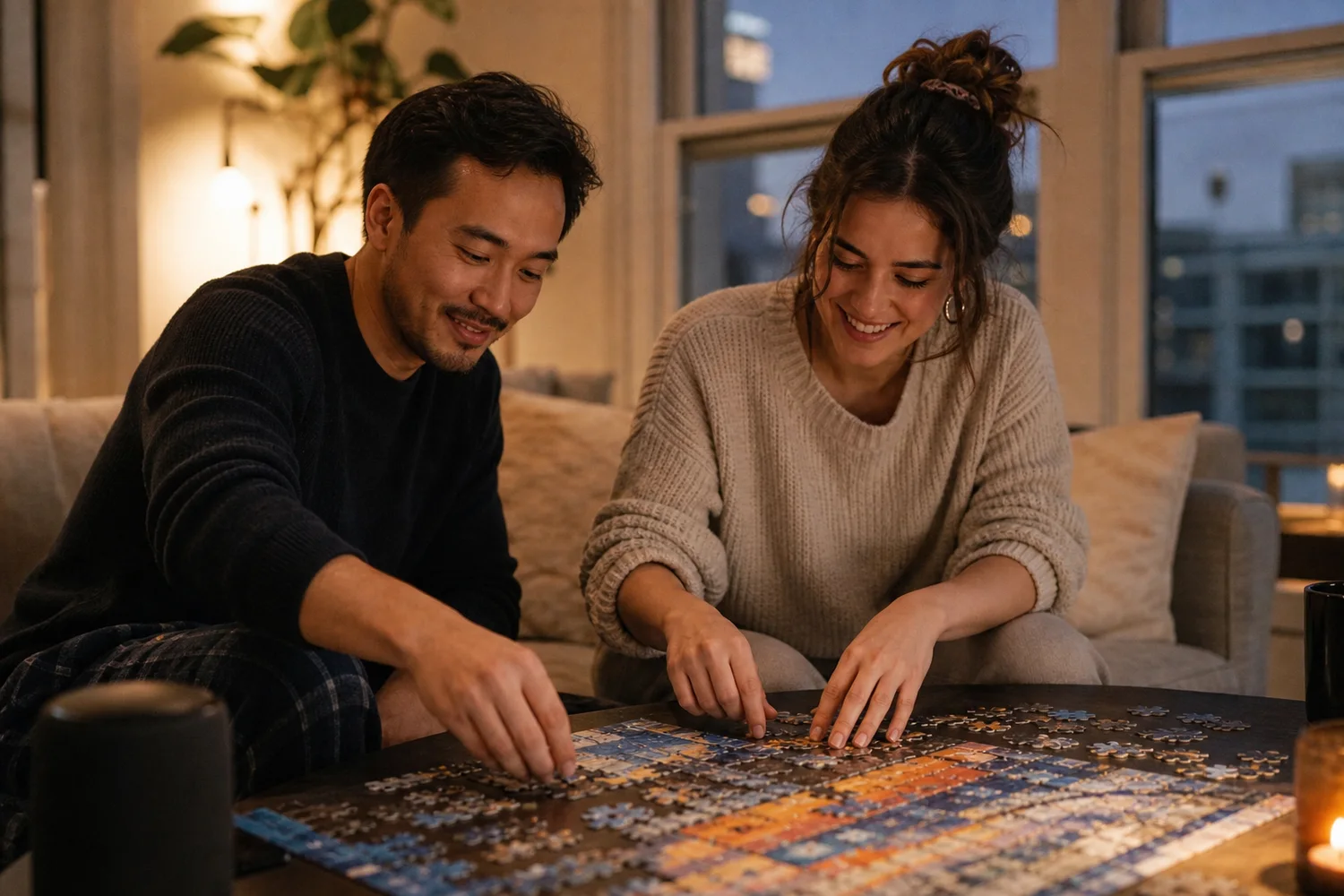 Puzzle With a Playlist date-night setting.