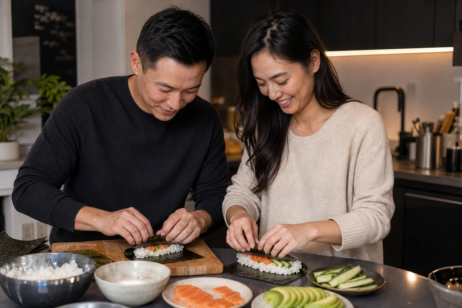 Sushi Hand-Roll Night date-night setting.